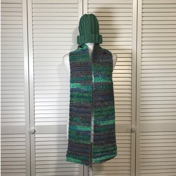 NWT Handmade Crocheted Green Multicolor Textured Beanie & Scarf 65” - Picture 1 of 4